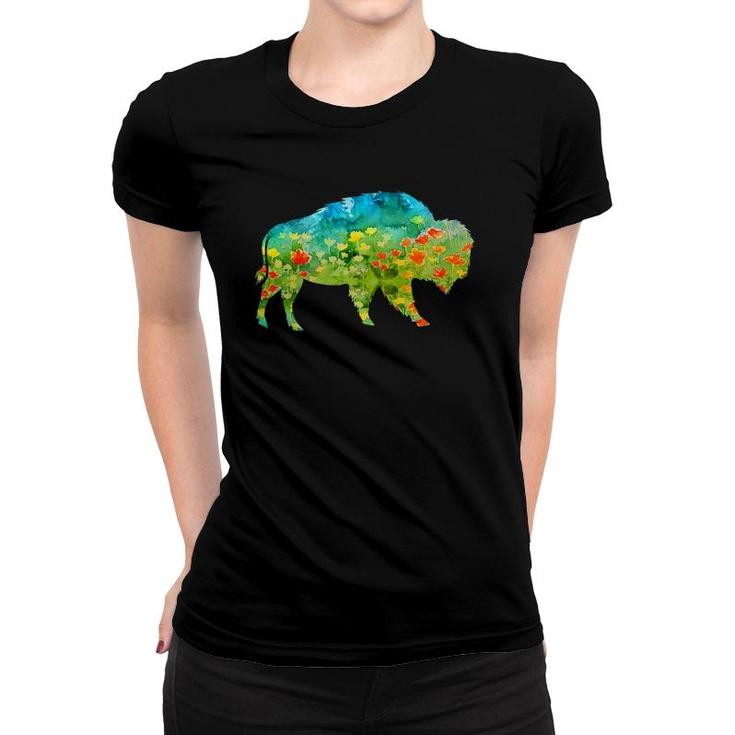 Flower Silhouette Bison Buffalo Women T-shirt