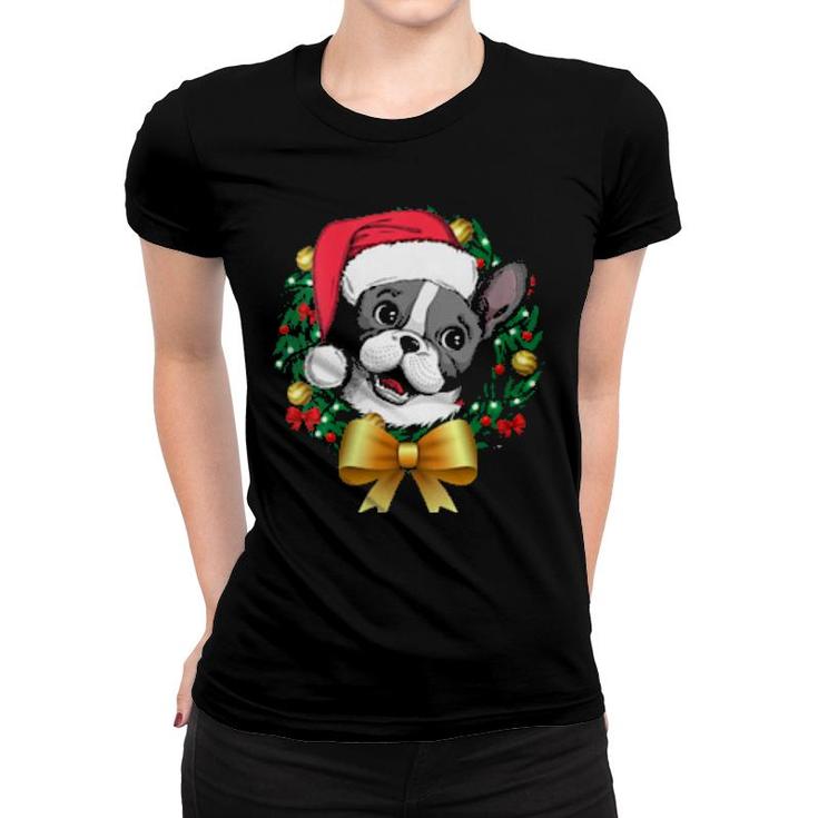French Bulldog Christmas  Santa Xmas Wreath Tree  Women T-shirt