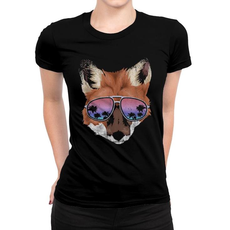 Funny Animal Tropical Summer Palm Trees Cool Sunglasses Fox  Women T-shirt