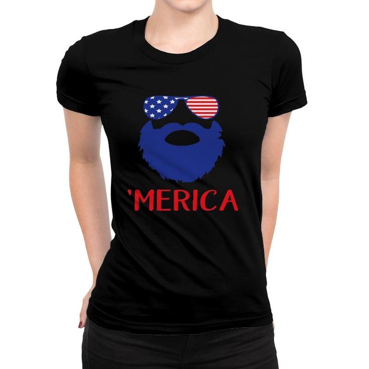 Funny Merica Beard Face And Sunglass Patriotic 4Th July Gift Women T-shirt