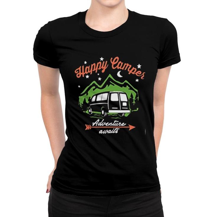 Happy Camper Letter Print Cute Graphic Mountain Climbing Women T-shirt