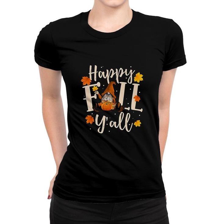 Happy Fall Yall Cute Gnomes Pumpkin Autumn Tree Fall Leaves Women T-shirt