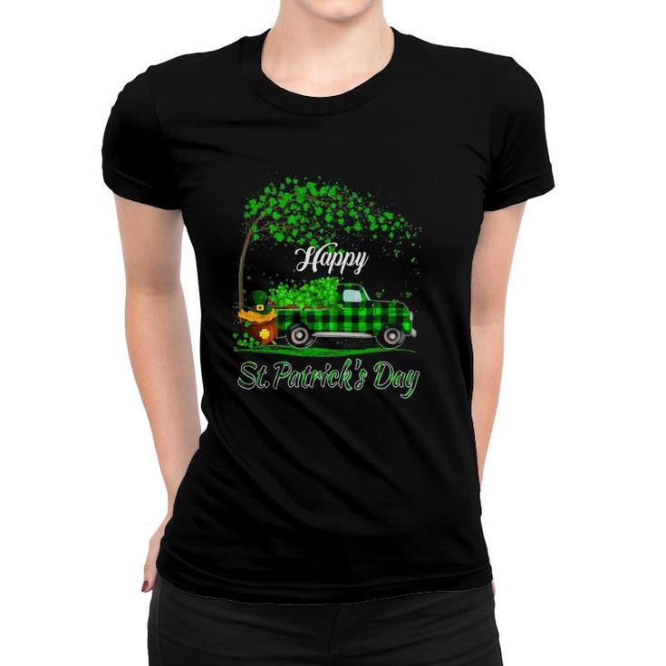 Happy St Patrick's Day Green Truck Buffalo Plaid Shamrock Women T-shirt