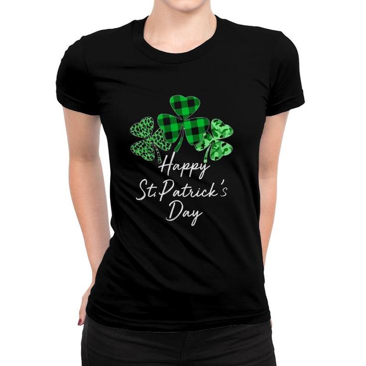 Happy St Patricks Day Plaid Shamrock Leopard Camouflage Gift Women T-shirt
