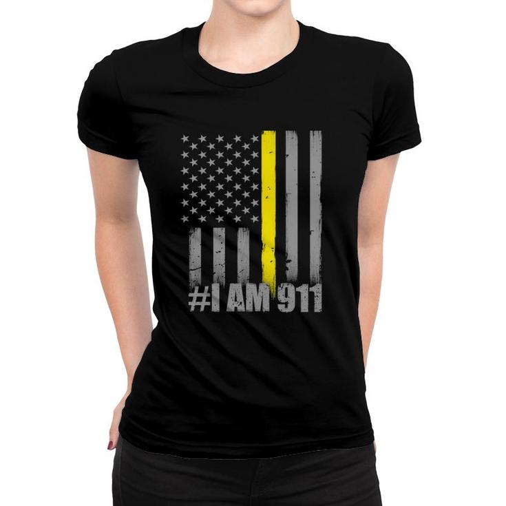 I Am 911 Thin Gold Line Flag Police Dispatcher Women T-shirt