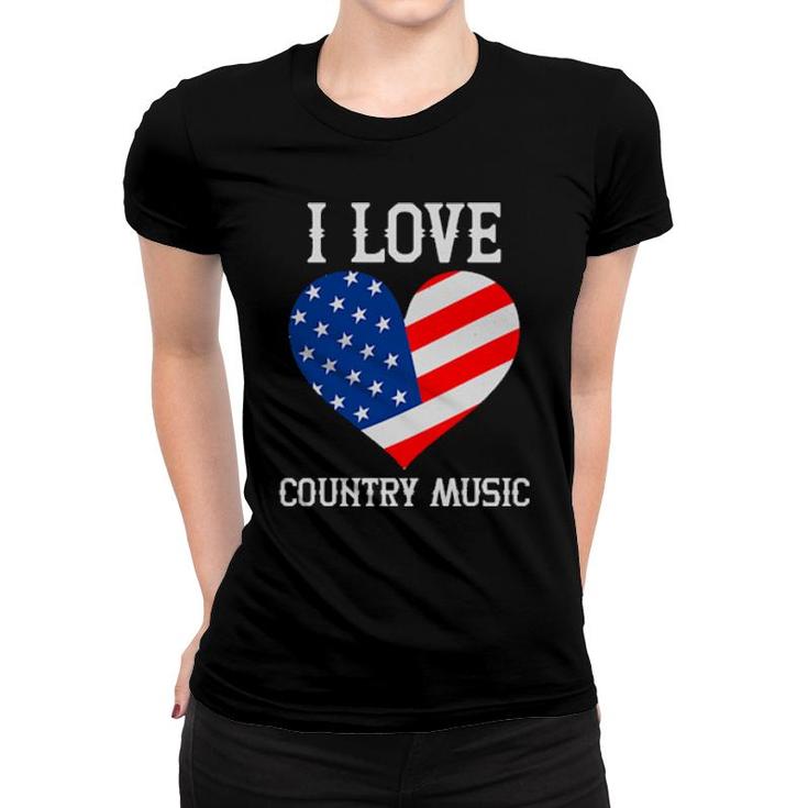 I Love Country Music Retro Vintage Guitar American Flag  Women T-shirt