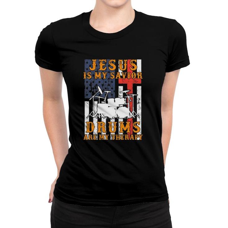 Jesus Is My Savior Drums Are My Therapy Vintage American Flag Women T-shirt