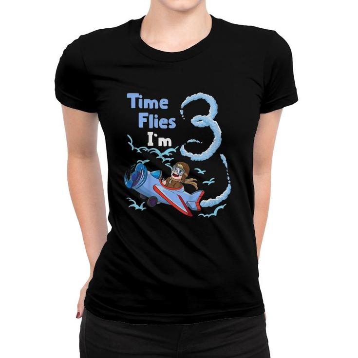Kids 3Rd Birthday Time Flies I'm 3 Pilot Airplane Women T-shirt