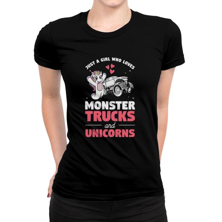 Kids Just A Girl Who Loves Monster Trucks And Unicorns Women T-shirt
