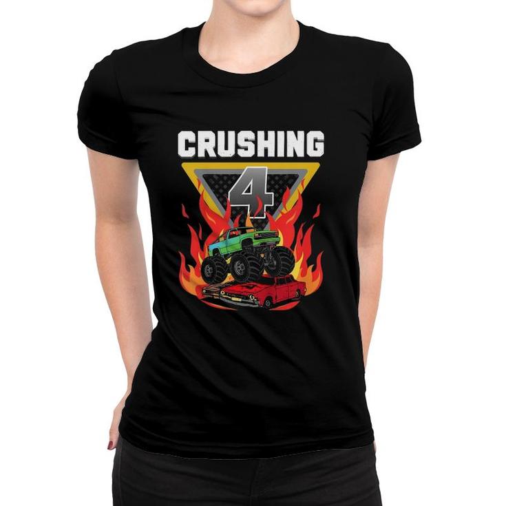 Kids Monster Truck Crushing I'm 4 Your Monster Truck 4Th Birthday Women T-shirt