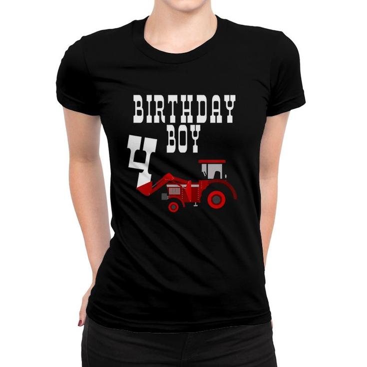 Kids Red Farm Tractor Birthday Boy 4 Years Old Party Four Women T-shirt