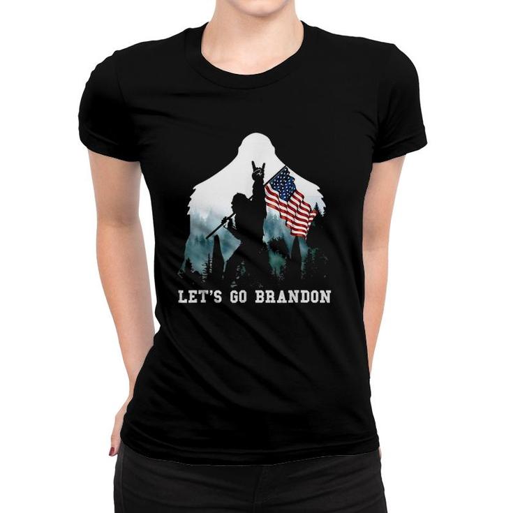 Let's Go Brandon Camping Bigfoot Rock And Roll American Flag Women T-shirt