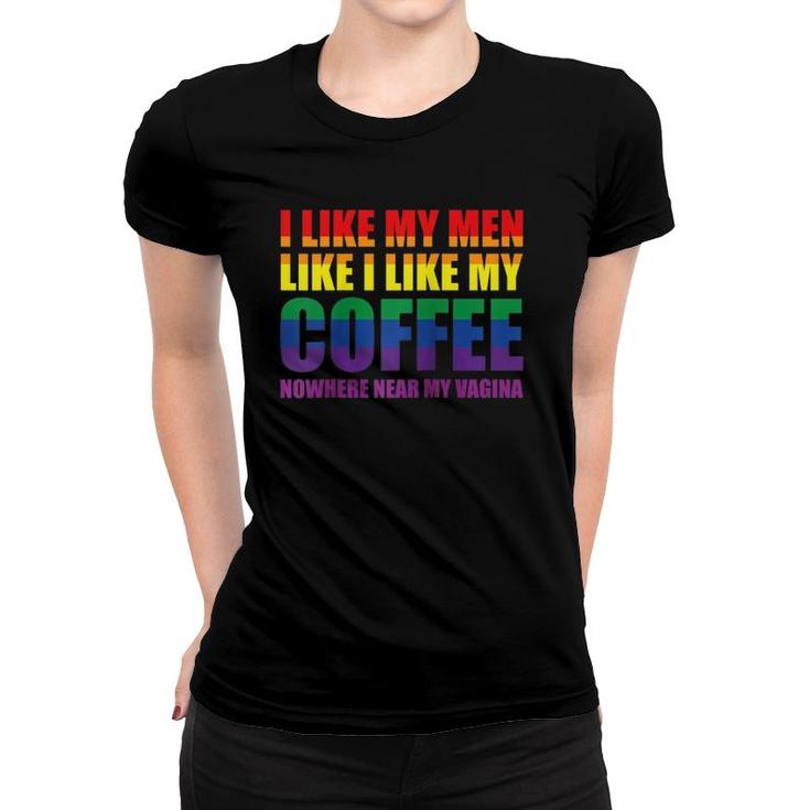 Lgbt I Like My Men How I Like My Coffee Rainbow Wlw Pride Raglan Baseball Tee Women T-shirt