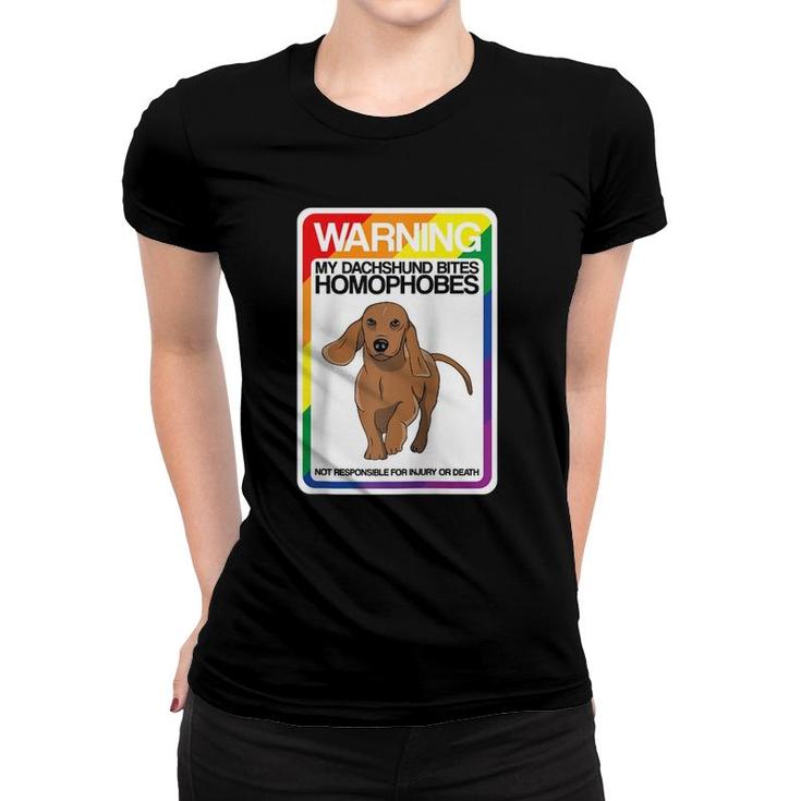 Lgbt Rainbow Funny Warning Dachshund Bites Homophobes Raglan Baseball Tee Women T-shirt