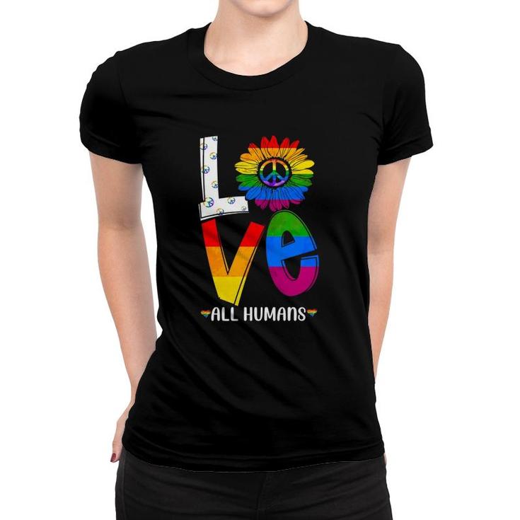 Love All Humans Rainbow Sunflower Lgbt Gay Pride Peace Sign Women T-shirt