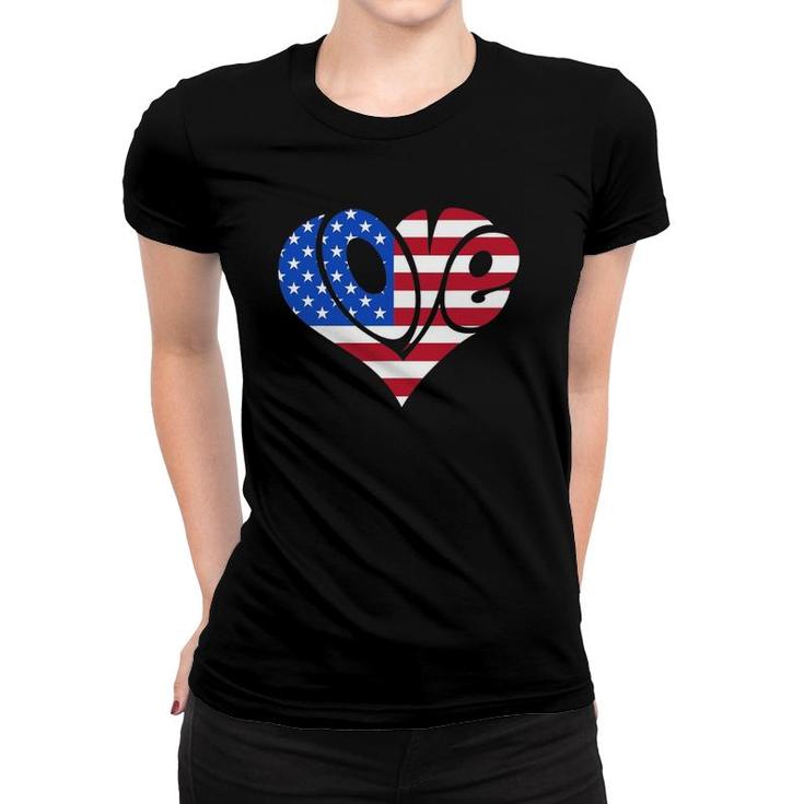 Love American Flag Hearts  4Th Of July Cute Graphic Women T-shirt
