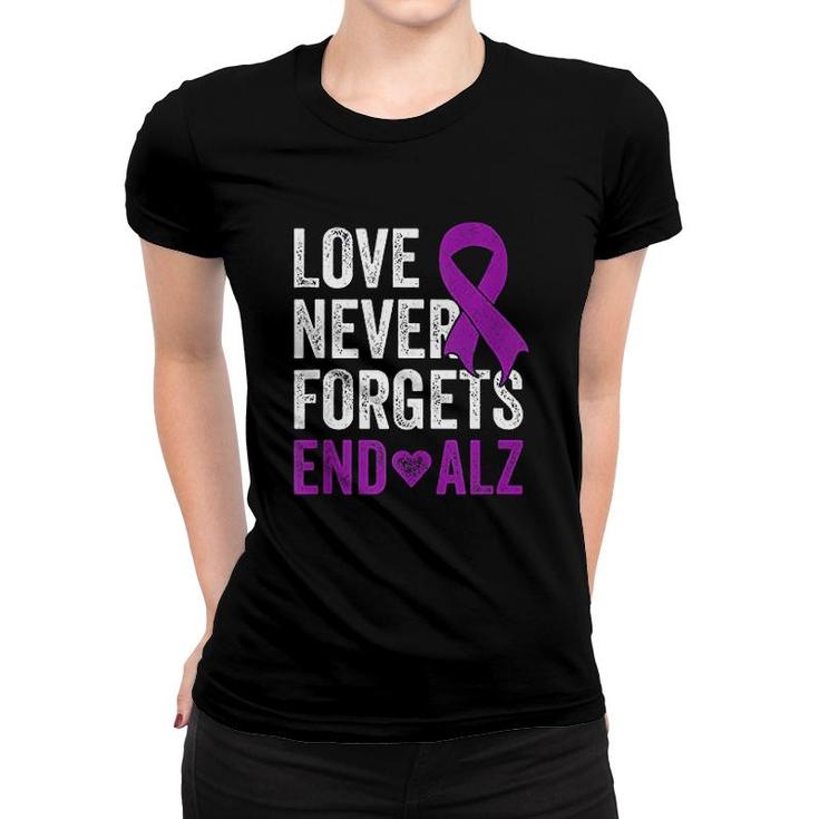 Love Never Forgets   Purple Ribbon Awareness End Alzheimers Women T-shirt