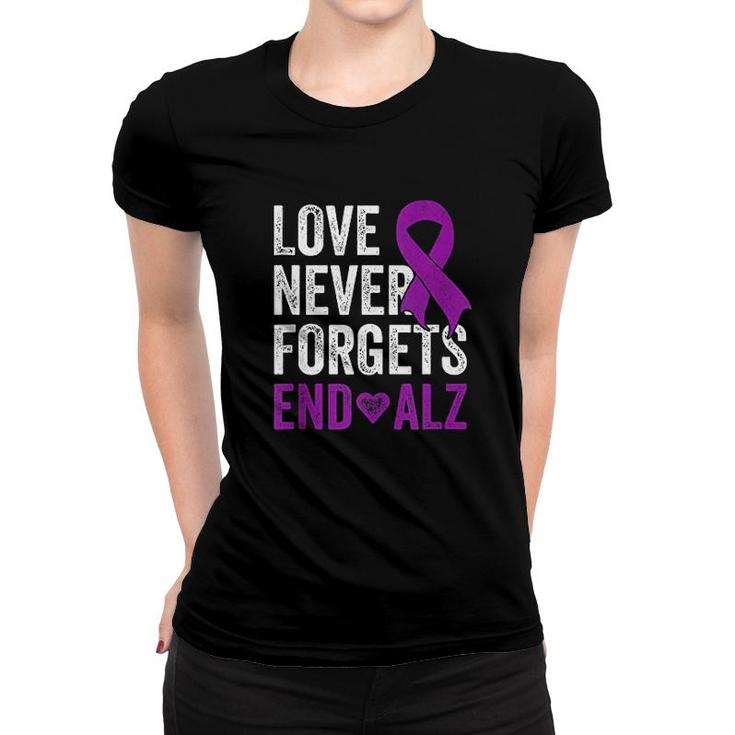 Love Never Forgets  Purple Ribbon Awareness End Alzheimers Women T-shirt