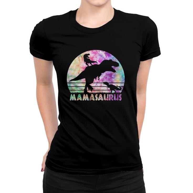 Mamasaurus Tie Dye Sunset Funny Dinosaur Mother Of 2 Kids Women T-shirt