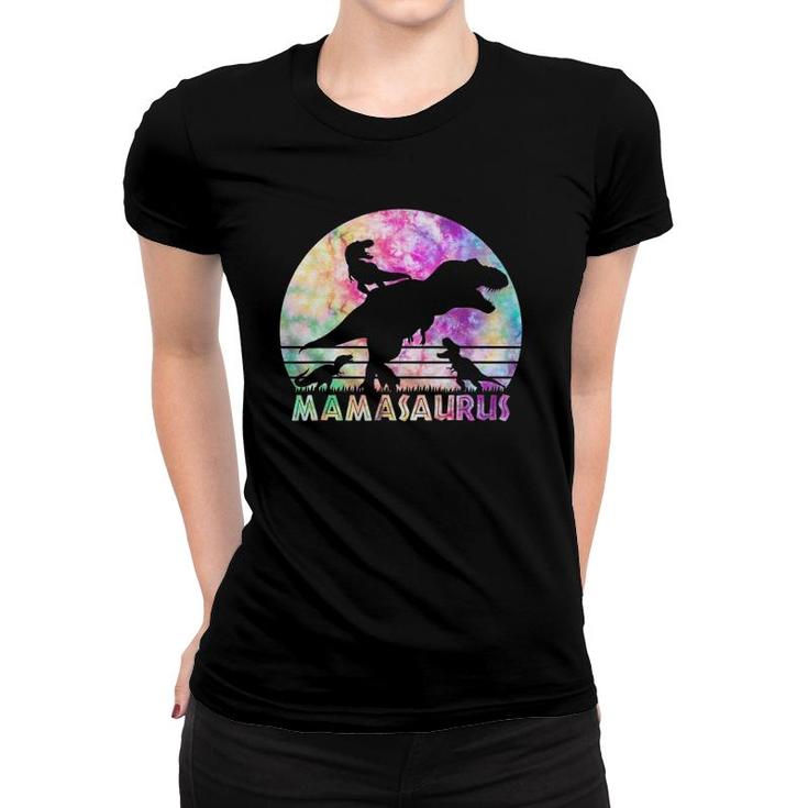 Mamasaurus Tie Dye Sunset Funny Dinosaur Mother Of 3 Kids Women T-shirt