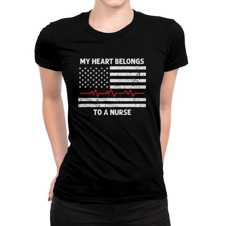 Mens Flag Heartbeat My Heart Belongs To A Nurse Husband Boyfriend Women T-shirt