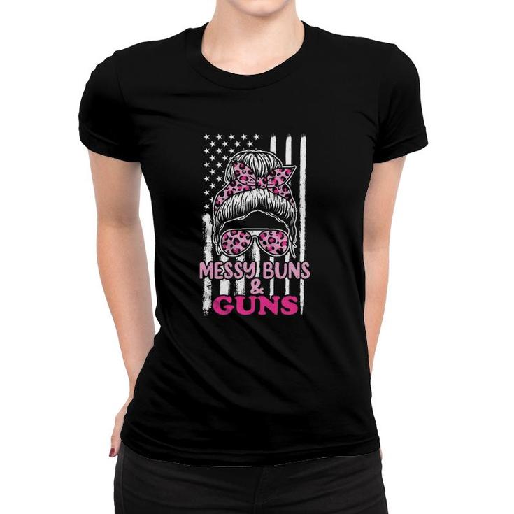 Messy Buns And Gunsfor Women Wife Mom Pink Leopard Women T-shirt