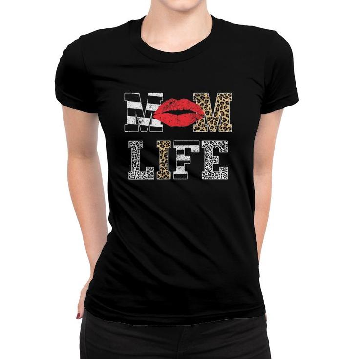 Mom Life Vintage Leopard Pattern Red Lips Mother's Day Women T-shirt