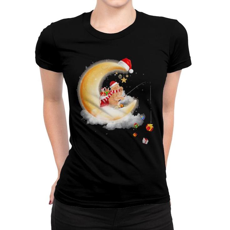 Moon Cat Fishing Gift Happy Christmas, Crescent Moon , Cat Sit On The Crescent Moon  Women T-shirt