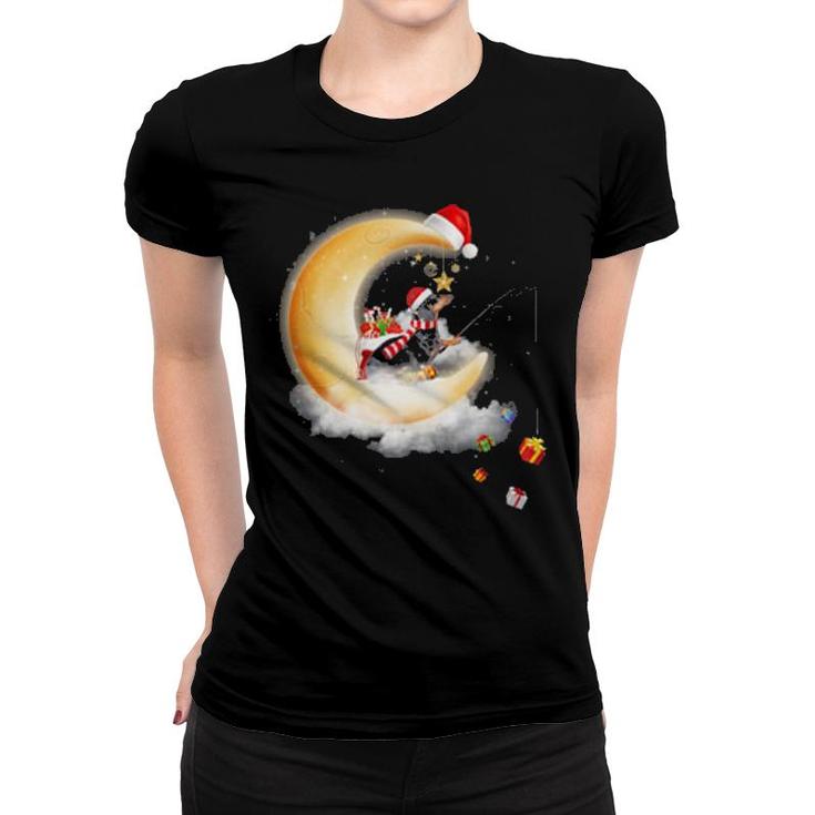 Moon Dachshund Fishing Gift Happy Christmas, Crescent Moon , Dachshund Sit On The Crescent Moon  Women T-shirt