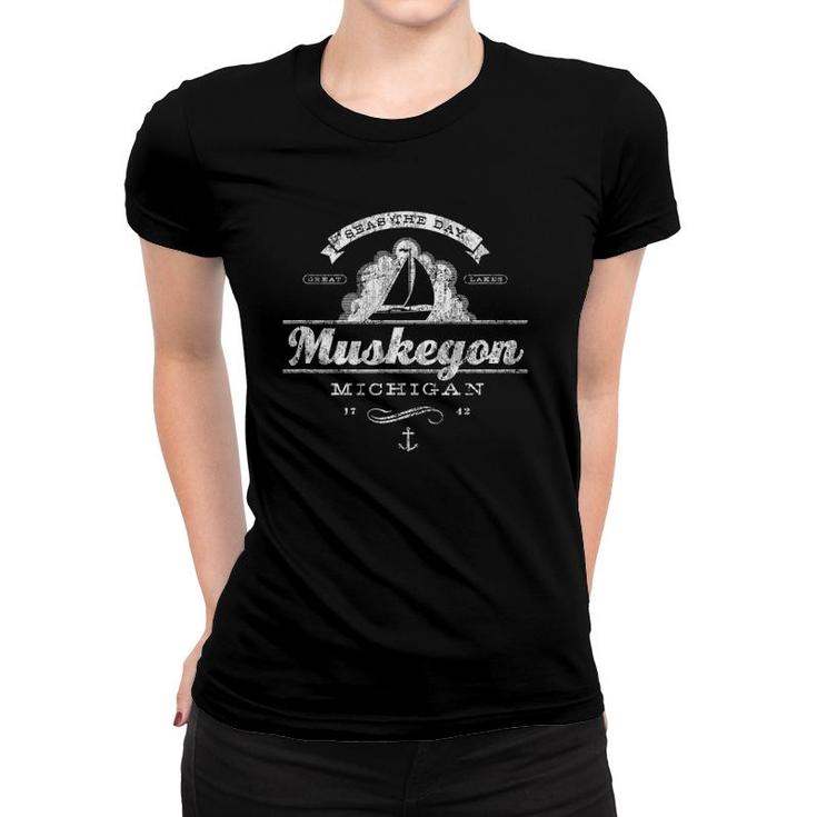 Muskegon Mi Sailboat Vintage Nautical Throwback Tee Women T-shirt