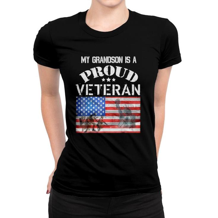 My Grandson Is A Proud Veteran American Flag Soldiers Tee Women T-shirt