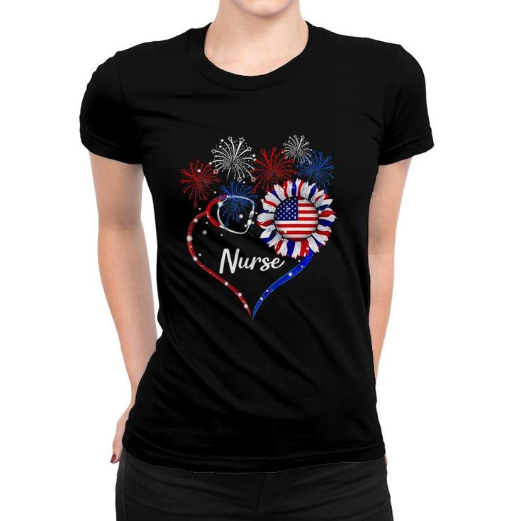 Patriotic Nurse 4Th Of July American Flag Sunflower Love Women T-shirt
