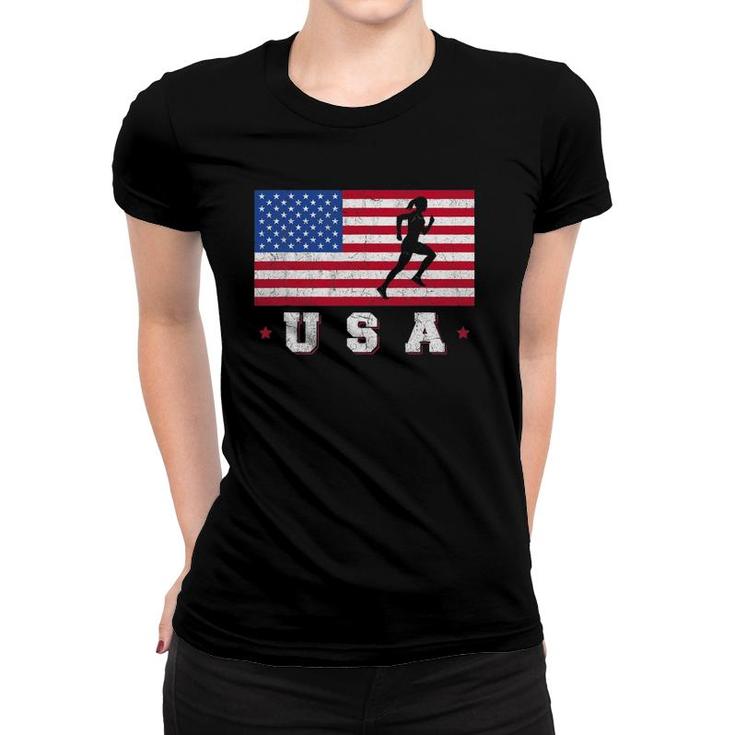 Patriotic Sports Gift American Usa Flag Track And Field Women T-shirt