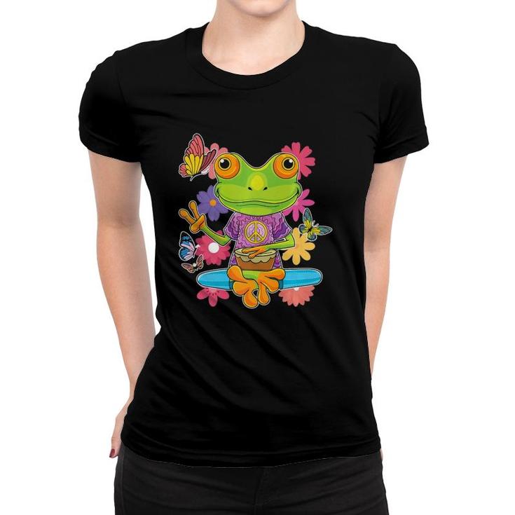 Peace Hand Sign Hippie Retro Trippy Colorful Frog 60S 70S  Women T-shirt