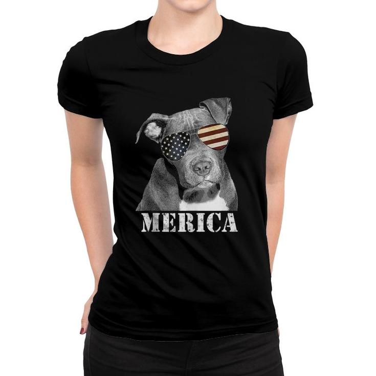 Pitbull Funny Merica Patriotic Dog 4Th July Usa Flag Shades  Women T-shirt