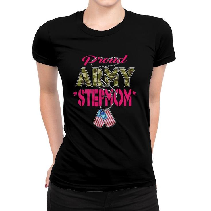 Proud Army Stepmom Us Flag Dog Tag Patriotic Military Mother  Women T-shirt