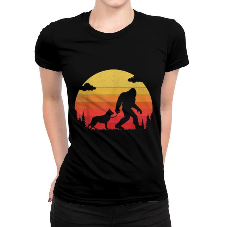 Retro Bigfoot Silhouette Walking German Shepherd Dog  Women T-shirt
