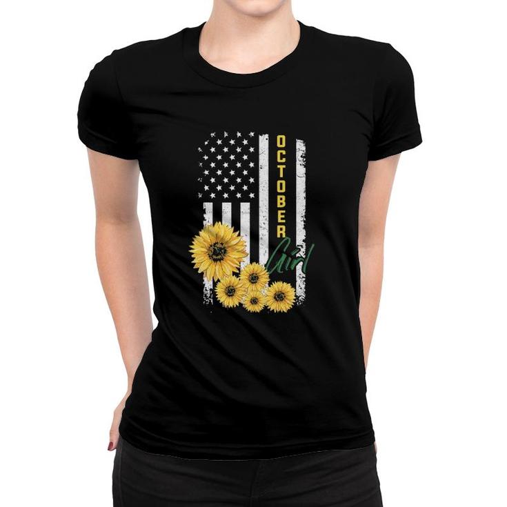 Sunflower American Flag October Girl Women T-shirt