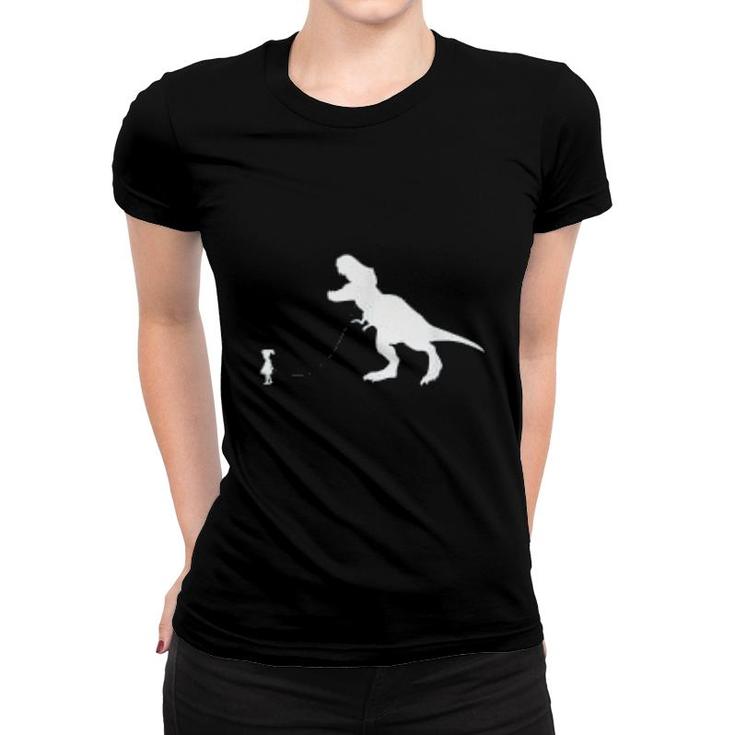 T Rex Dinosaur Pet On A Leach Led By A Girl Women T-shirt