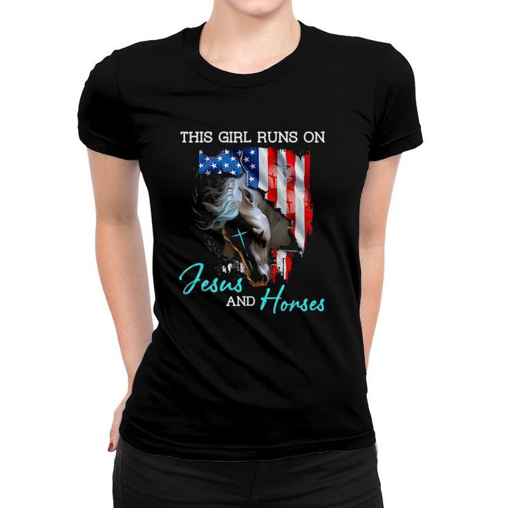 This Girl Runs On Jesus And Horses American Flag Women T-shirt