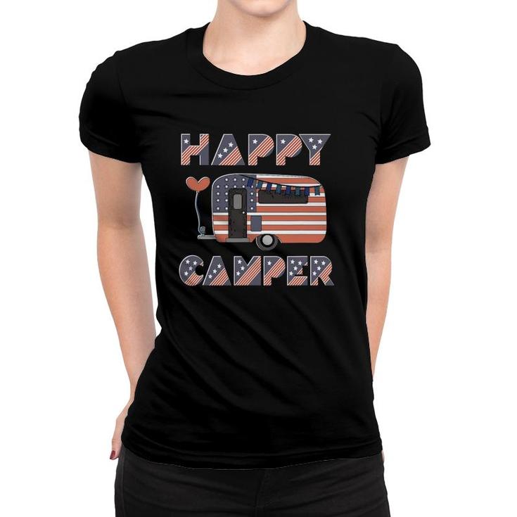 Usa Happy Camper Us Flag Patriotic 4Th Of July American Crew Women T-shirt