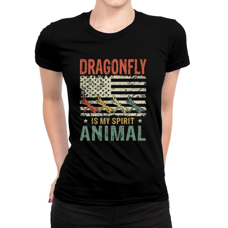 Vintage Dragonfly Is My Spirit Animal American Flag Women T-shirt