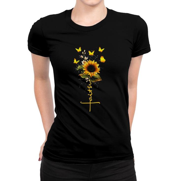 Vintage Faith Cross Sunflower Butterflies Flowers Christians Women T-shirt