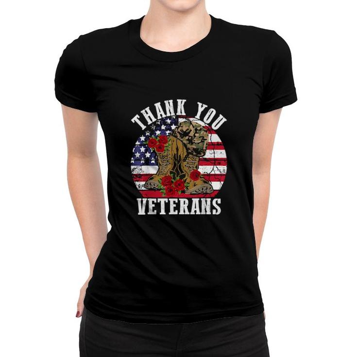 Vintage Thank You Veterans Combat Boots Flower Veterans Day  Women T-shirt