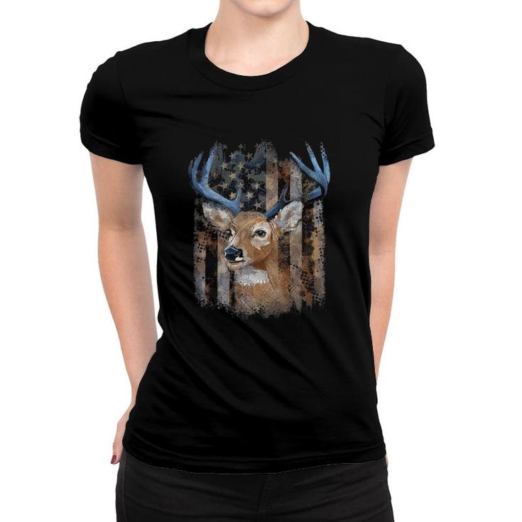 Whitetail Buck Deer Hunting American Flag Buck Hunting Women T-shirt