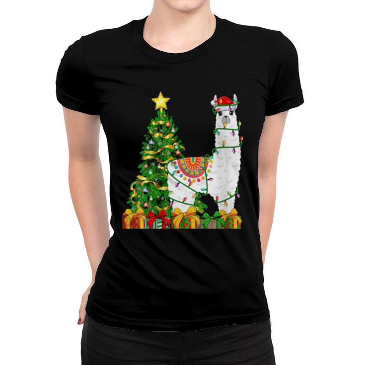 Womens Alpaca Lighting Xmas Tree Matching Alpaca Christmas  Women T-shirt