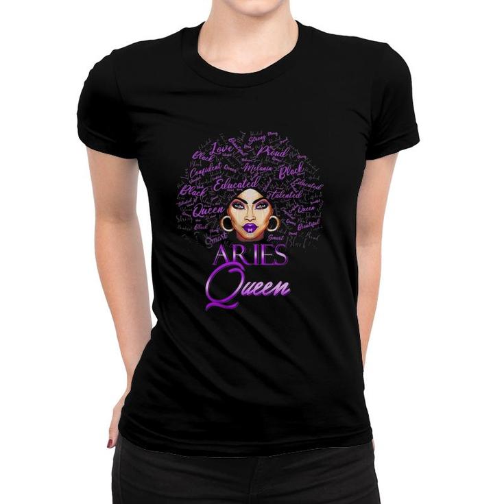 Womens Aries Girl Womens Purple Afro Queen Black Zodiac Birthday Women T-shirt