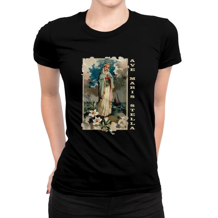 Womens Ave Maris Stella Lady Blessed Mother Mary Latin Catholic V-Neck Women T-shirt