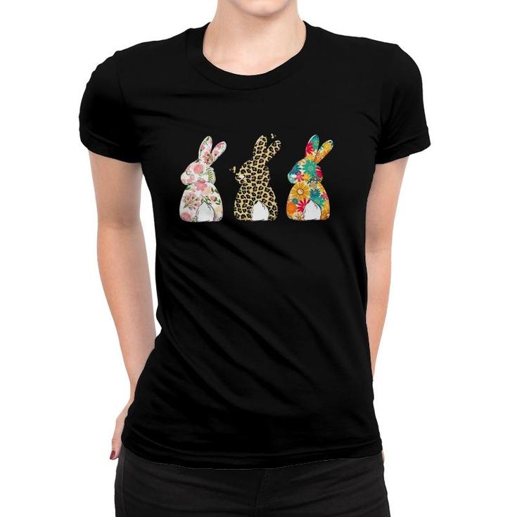 Womens Cute Easter Bunnies Leopard Bunny And Flower Bunnies Women T-shirt