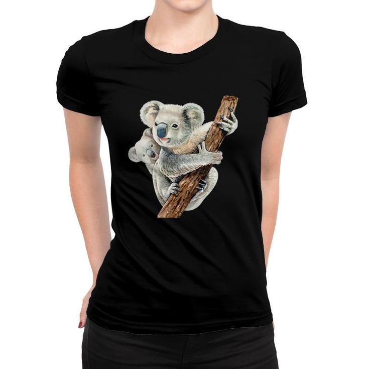 Womens Cute Koala Bear And Baby Realistic Watercolor V-Neck Women T-shirt
